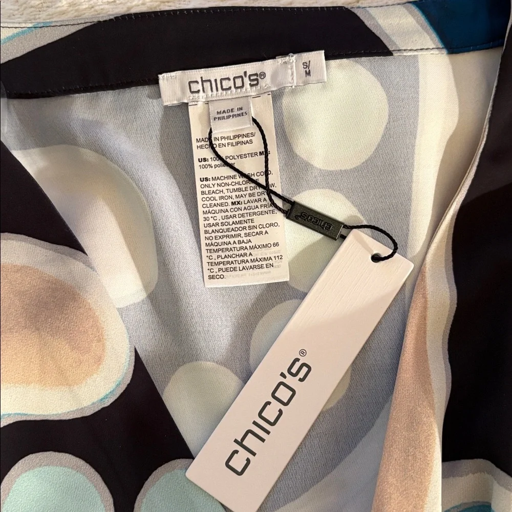 Chico's Abstract Patterned poncho in Blue Black and Cream - Picture 2 of 4